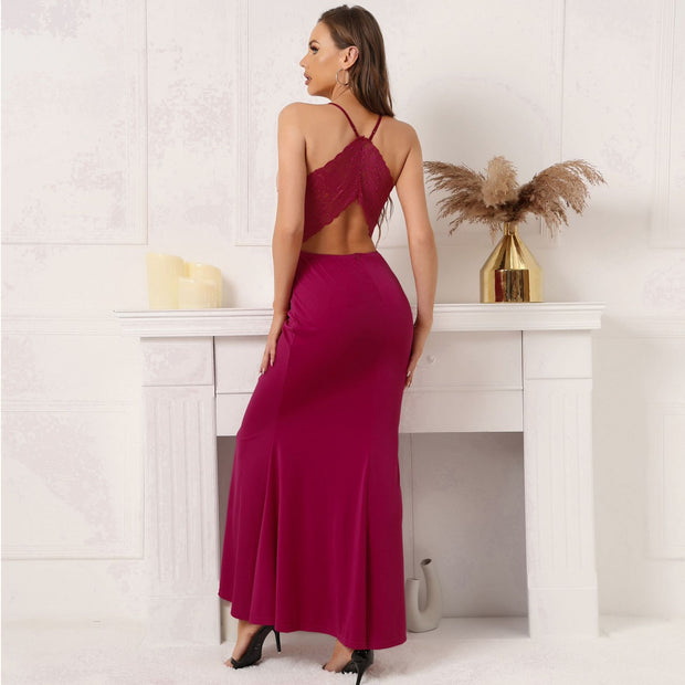 Women's Lace Stitched Backless Dress Banquet Temperament Dress