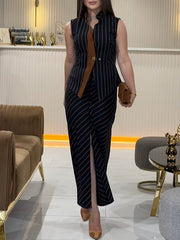 Striped Stand-up Collar Vest & Front Slit Skirt Suit