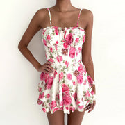 Summer Rose Printed Suspenders Waist-tight A- Line Dress