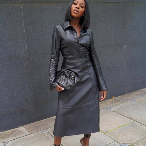 Women's Clothing Top And Skirt Leather Two-piece Suit