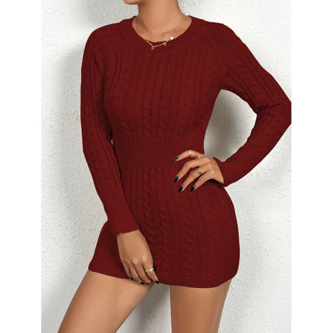 Twist Thread Knitted Dress Women's Fashion Pullover Round Neck Hip Skirt