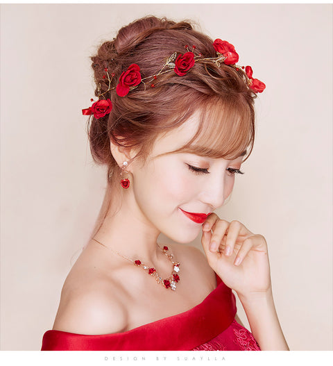 New Korean bridal jewelry necklace, earring, red rose necklace set, Wedding Toasting dress, accessories