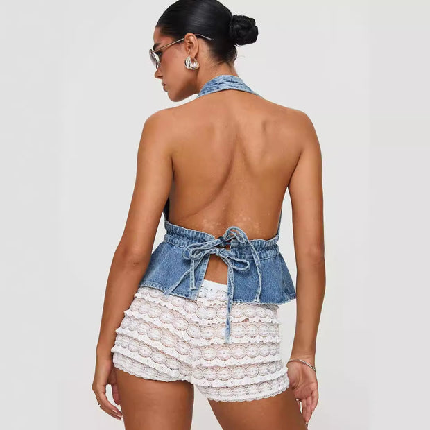 Sexy Washed Denim Exposed Back Halter Lace-up Sexy Hot Girl Denim Top