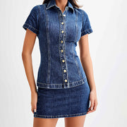 European And American Denim Lapel Short Sleeve Slim Top Sheath Skirt Outfit