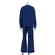 Polo Collar Stripes Shirt Casual Pants Suit