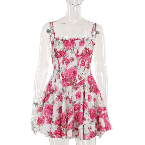 Summer Rose Printed Suspenders Waist-tight A- Line Dress