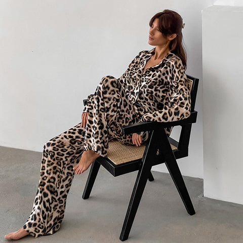 European And American Leisure Suit Retro Loose Leopard Print Shirt And Trousers Two-piece Set