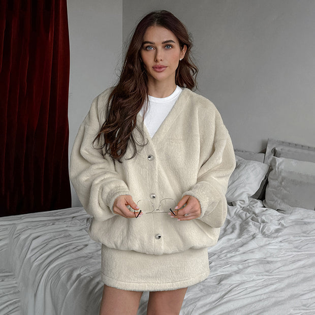 Polar Fleece Cardigan Short Skirt Two-piece Fashion Khaki Warm Lamb Wool Women's Clothing