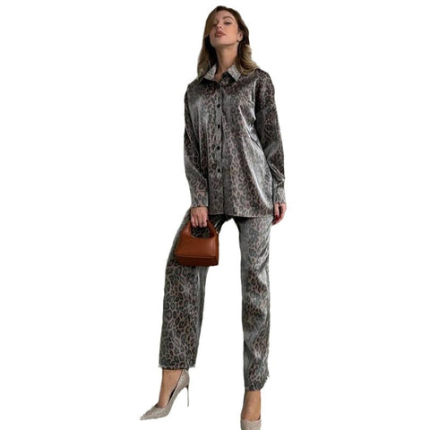 European And American Fashion Casual Set Women's Leopard Print Long Sleeve Trousers