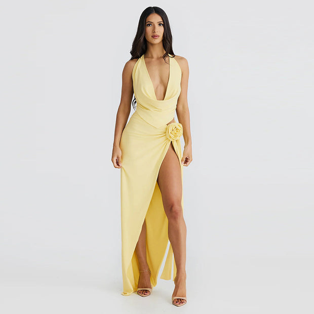 Lace-up Backless Sexy Deep V-neck Halter Sling High Slit Mid-length Dress Set