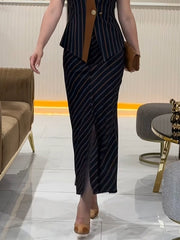 Striped Stand-up Collar Vest & Front Slit Skirt Suit