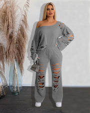 Women's Ripped Loose Sweater Two-piece Suit