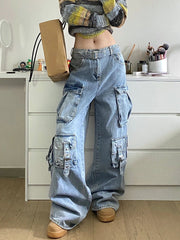 American Street Workwear Wide Leg Jeans Design Multi-pocket