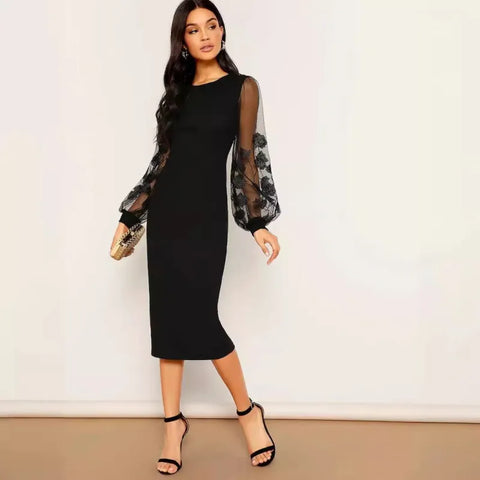 Women's Solid Color Mesh Sleeves Dress