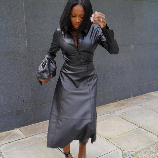 Women's Clothing Top And Skirt Leather Two-piece Suit