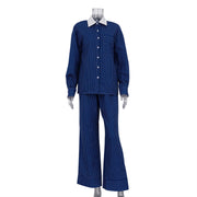 Polo Collar Stripes Shirt Casual Pants Suit