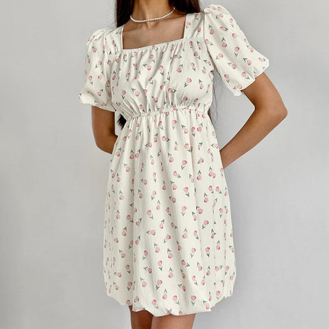 French Elegant Floral Puff Sleeve Dress