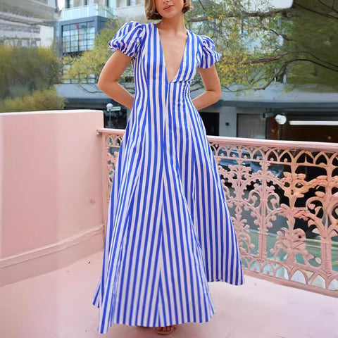 Women's Fashion Striped Puff Sleeve Dress