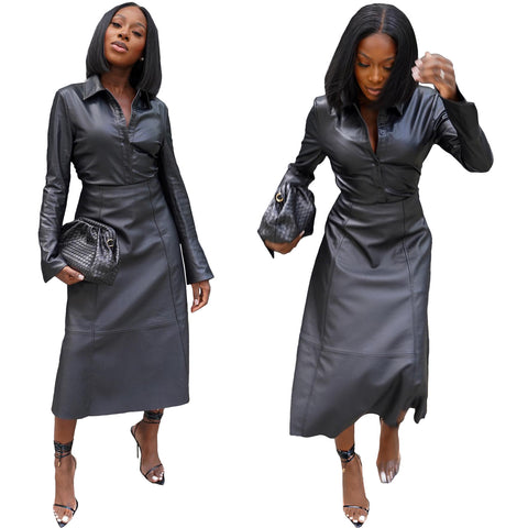 Women's Clothing Top And Skirt Leather Two-piece Suit