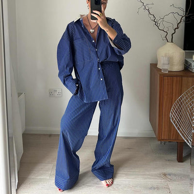 Polo Collar Stripes Shirt Casual Pants Suit