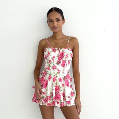 Summer Rose Printed Suspenders Waist-tight A- Line Dress