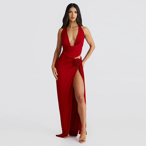 Lace-up Backless Sexy Deep V-neck Halter Sling High Slit Mid-length Dress Set