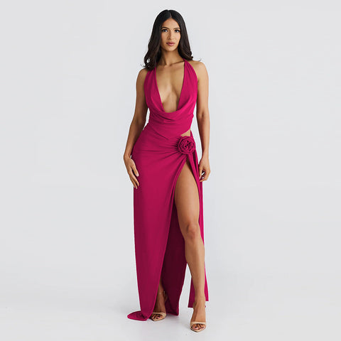 Lace-up Backless Sexy Deep V-neck Halter Sling High Slit Mid-length Dress Set