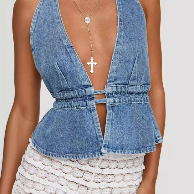 Sexy Washed Denim Exposed Back Halter Lace-up Sexy Hot Girl Denim Top