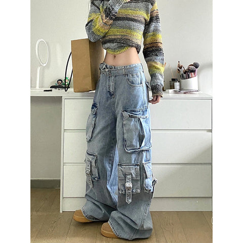 American Street Workwear Wide Leg Jeans Design Multi-pocket